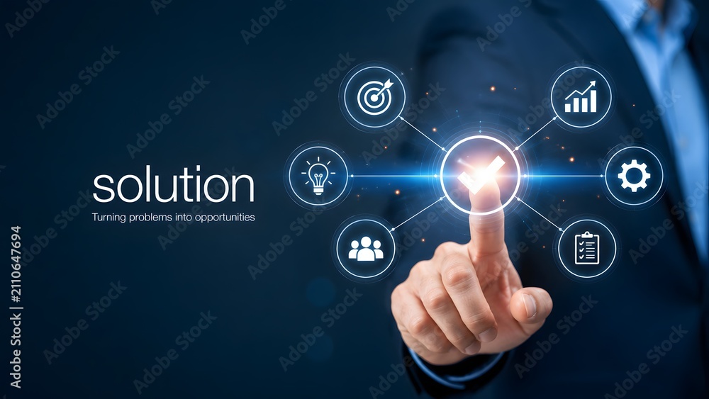 Fototapeta premium Businessman pointing at glowing solution checkmark icon on digital interface. Concept of problem solving for project management.