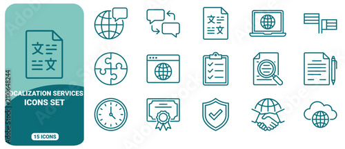 Bild auf Leinwand Set of 15 teal outline icons representing localization services, translation, gl