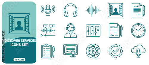Foto Voiceover services icons set, 15 linear symbols including microphone, headphones