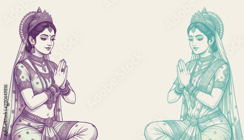 Two Traditional Indian Women in Prayer Pose with Ornate Attire and Jewelry