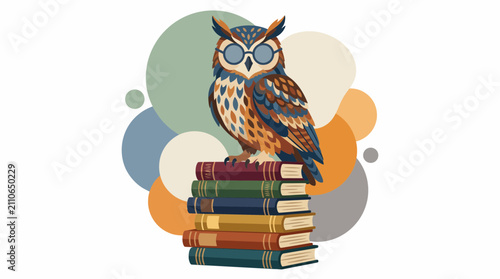 Wise Owl Wearing Glasses Perched on Stack of Books Illustration