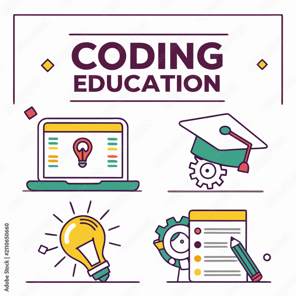 Naklejka premium Coding education concept with laptop graduation cap light bulb document icons education graduation document learning programming computer technology development software training