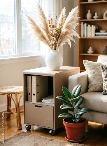 Minimalist home office storage cabinet, binder files and potted plant in cozy living room
