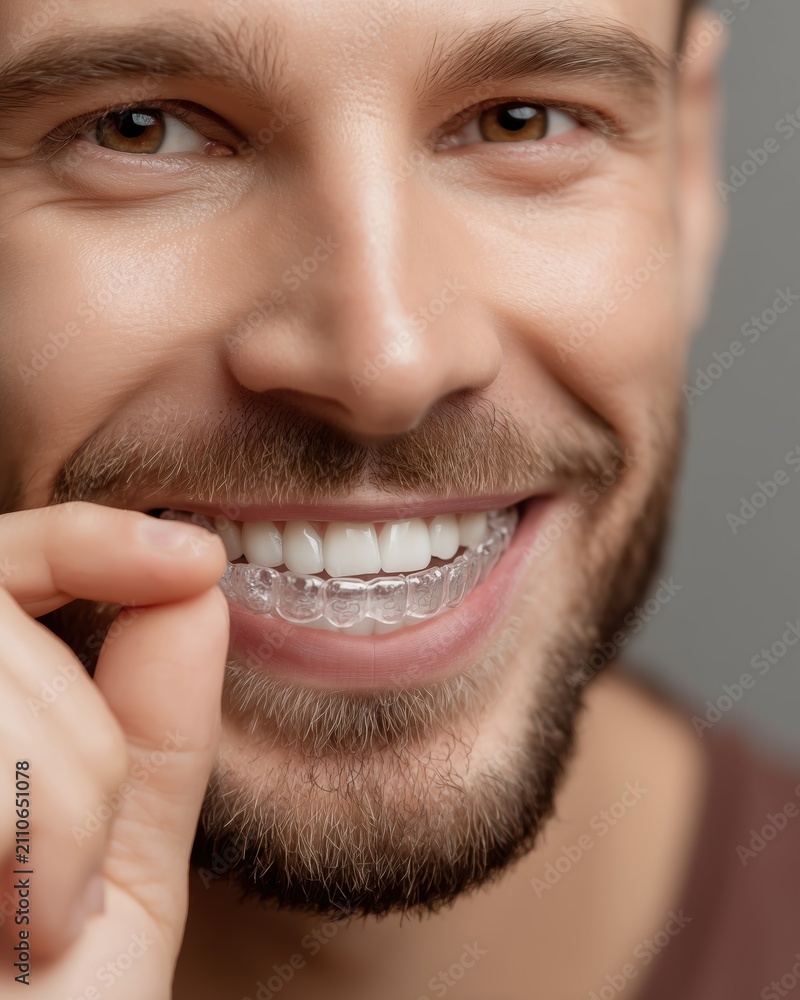 Fototapeta premium Smiling Man Holding Clear Dental Aligner Near Teeth