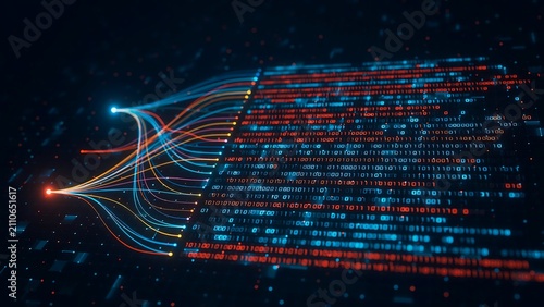 Abstract Digital Data Transfer with Glowing Fiber Optic Network, High Speed Internet, Cloud Computing, Global Connectivity and Future Technology Concept