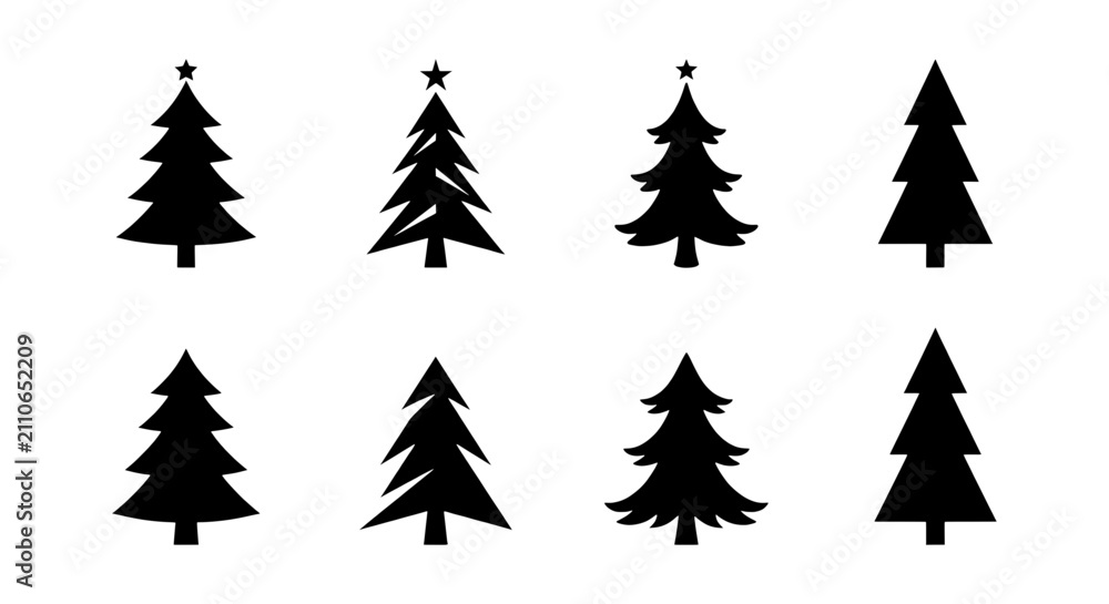 Fototapeta premium Christmas Tree Icons Set, Festive Evergreen Silhouettes, Winter Holiday Vector Graphics