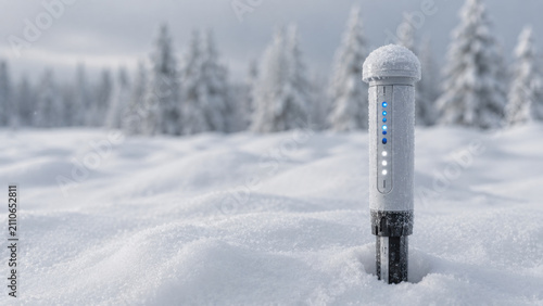 Cold winter landscape with thermometer standing upright in deep snow, frosted conifer trees visible in blurred background, overcast sky