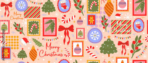 Christmas pattern with festive elements. Seamless hand-drawn background featuring a gift, a Christmas tree, Santa, and a bow. Decorative wallpaper design for the winter holidays.