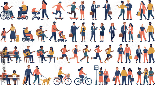 Diverse People Group Performing Daily Activities Walking Cycling and Socializing Vector Illustration Set