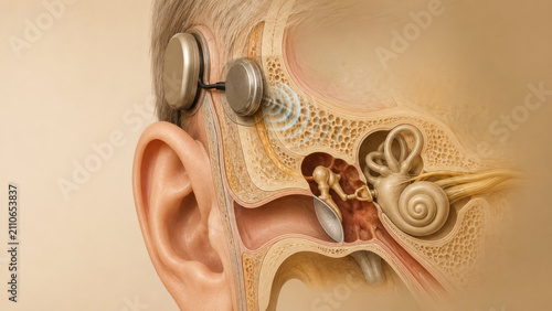 Cross section diagram of ear anatomy showing bone conduction hearing implant with internal cochlear structure on beige background