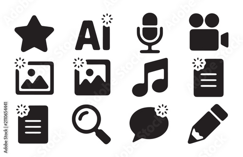 Variety of flat icons representing media, communication, and creative tools vector icons.