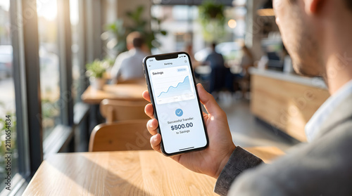 Man using mobile banking app for successful money transfer in cafe, personal finance, Online money transfer and digital wallet concept.