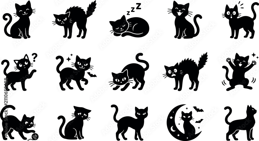 Naklejka premium Halloween black cat silhouette bundle set collection on white background featuring various playful and spooky feline poses for design