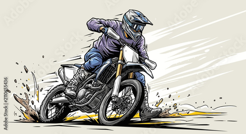 Quadro su tela Dynamic vector illustration of a motocross rider performing a high-altitude jump on a dirt bike, featuring stylistic action lines and high contrast gear for extreme sports design