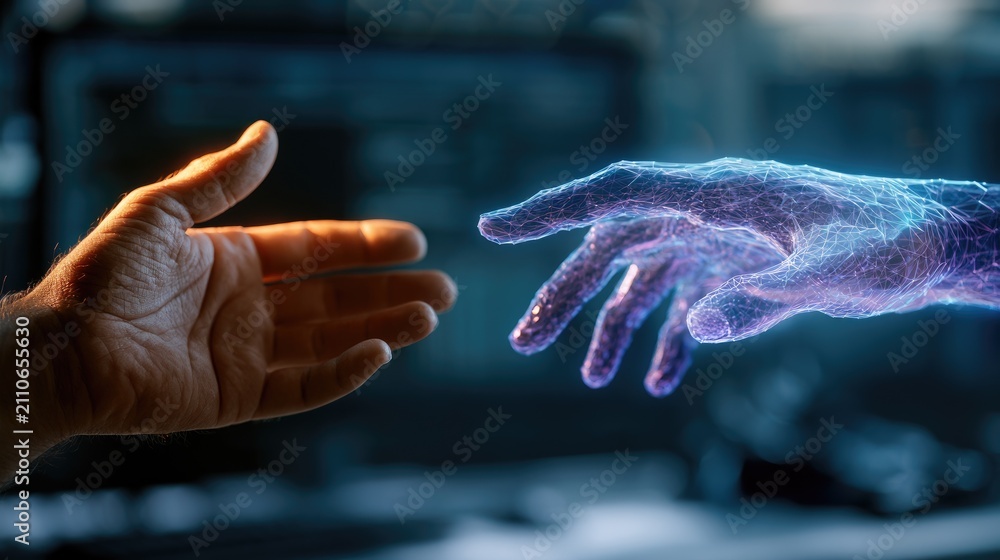 Fototapeta premium Human Hand Reaching Towards Futuristic Digital Energy Hand.