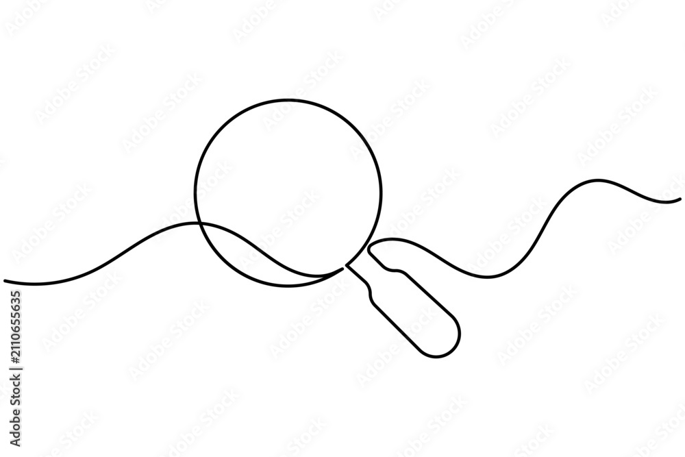 Obraz premium Magnifying glass continuous one line art featuring a minimalist search icon created with a single flowing line. Clean modern outline vector illustration with a minimal style.