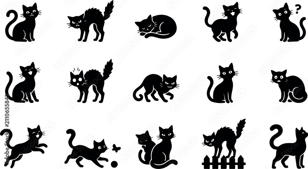 Obraz premium Halloween black cat silhouette bundle set collection on white background featuring various feline poses for spooky holiday graphic design