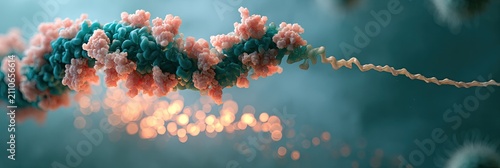 Microscopic view of a DNA strand with proteins attached, illustrating genetic material and cellular processes.