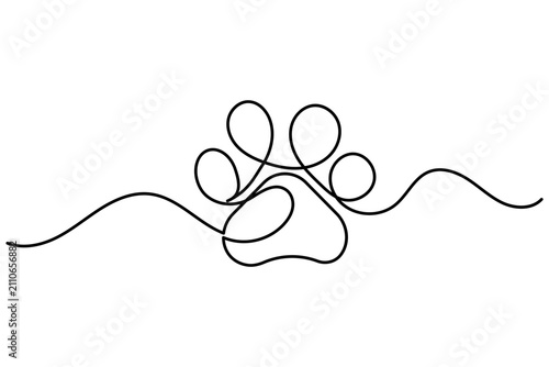 Paw print continuous one line art featuring a paw print icon in continuous line drawing style. Line art of animal paw print icon. Clean minimal outline vector illustration