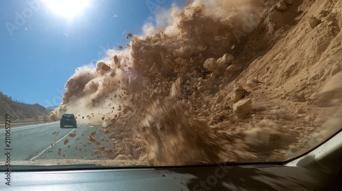 Massive dust storm engulfs highway with low visibility and sun glare.