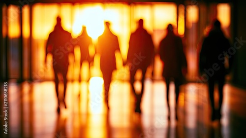 Silhouettes of people walking towards a bright sunset light.