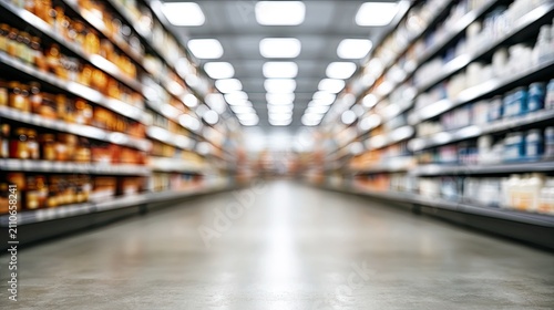 Blurred supermarket aisle with shelves full of products.