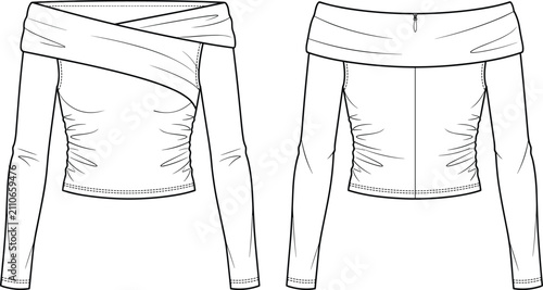 Canvastavla Technical flat sketch of a women off shoulder top featuring asymmetric crossover