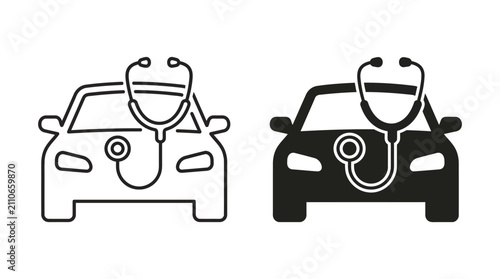 Car diagnostic icon with stethoscope symbol in outline and solid style for auto repair service