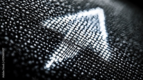 Abstract Digital Arrow Formed by Glowing Dots on Dark Textured Background.