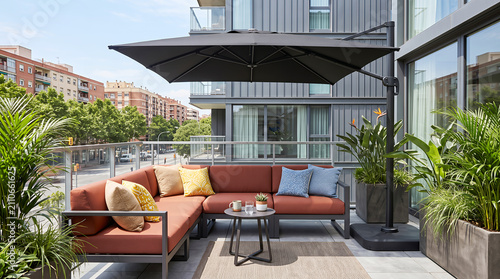 L-shaped terracotta sofa with colorful cushions on a city balcony under a large black cantilever umbrella, surrounded by potted palm plants