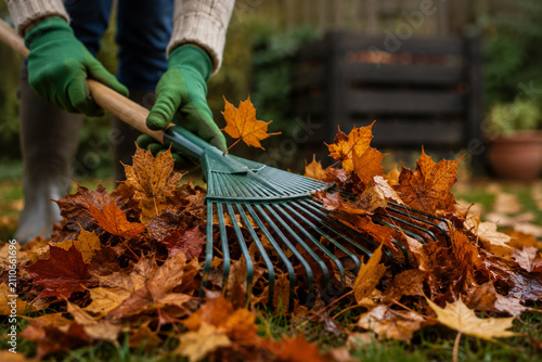 Close-Up of Hands Raking Colorful Autumn Leaves in Garden