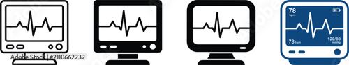 Medical heart rate monitor icon set displaying vital sign electrocardiogram waves on clinical patient screen display variants