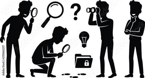 Business Investigation and Market Research Silhouette Icon Set with Man Looking Through Magnifying Glass, Binoculars, and Finding Clues Vectors