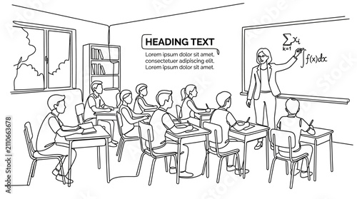 Professional teacher standing in classroom explaining lesson to students illustration