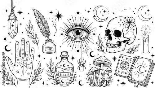 Cuadro en lienzo Mystical witchy element collection featuring palmistry hand evil eye skull magic