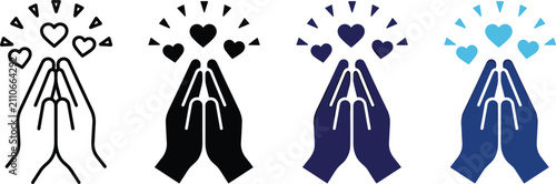 Foto Praying hands with radiating heart shapes vector icon set symbolizing hope grati