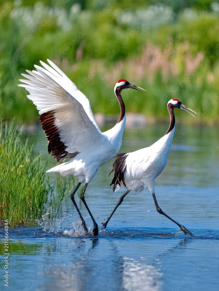 Obraz premium Two elegant cranes gracefully move through a serene waterway. Their beautiful plumage stands out against lush green surroundings. The scene captures the essence of nature and tranquility. AI