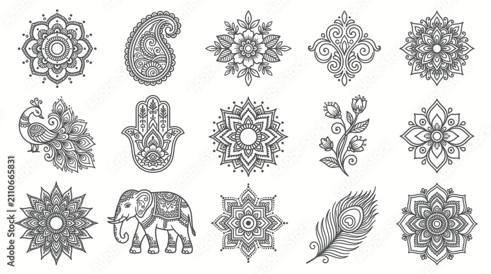 Fototapeta premium Mehndi Outline Icon Set with Mandala, Paisley, Peacock, Elephant, Hamsa Hand and Floral Decorative Elements Vector Collection
