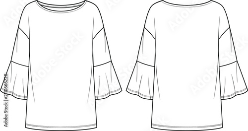 Konstfotografi Technical flat sketch of a women tunic blouse featuring boat neckline and bell s