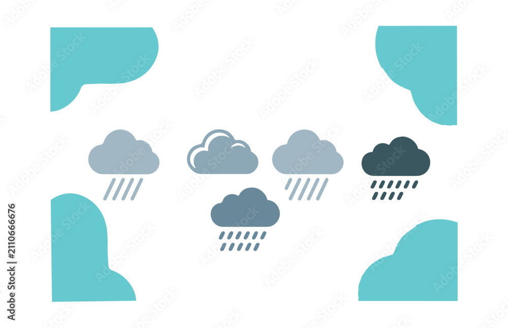 Obraz premium Rain cloud icon set with flat weather symbols and water drops vector collection for climate design.