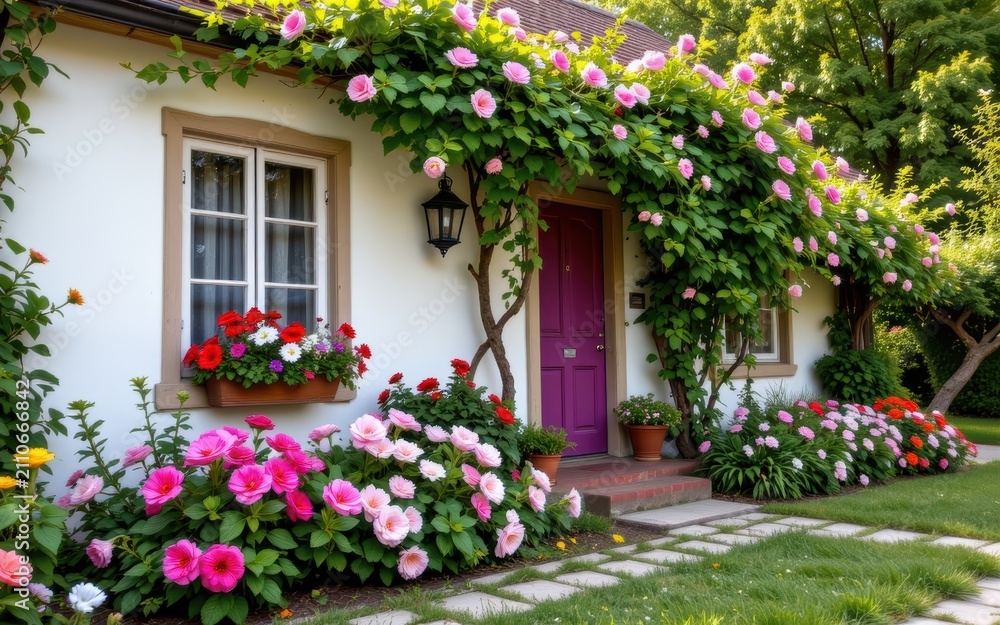Fototapeta premium Charming house entrance with purple door surrounded by lush blooming pink and red flowers and greenery.