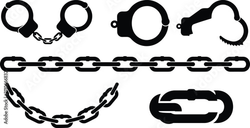 Billede på lærred Law Enforcement Handcuffs and Metal Chains Silhouette Icon Set with Prison Restr