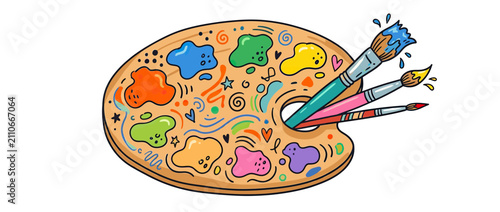 Colorful Art Palette with Brushes and Paint Splashes