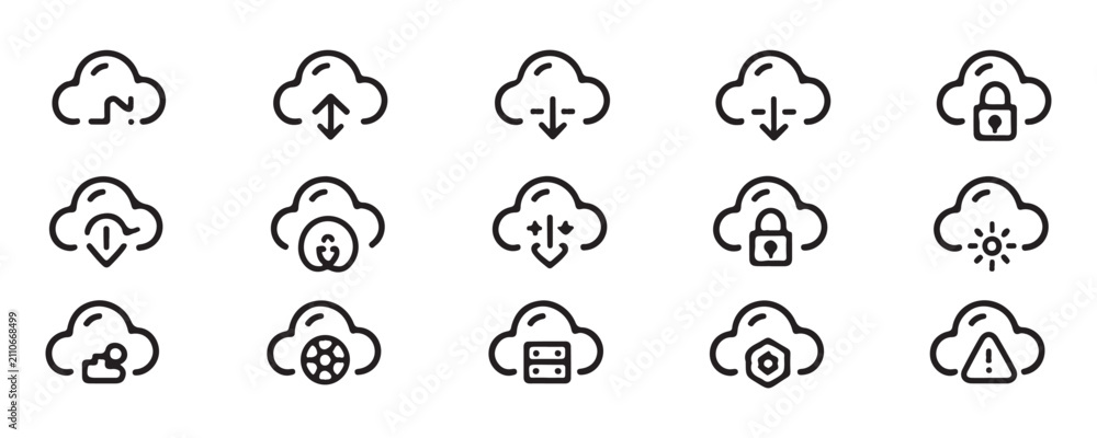 Obraz premium Cloud computing icons set. data transfer, security, server and settings symbol.