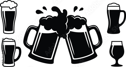 Photos Oktoberfest Clinking Beer Mugs and Glassware Silhouette Icon Set with Splashing