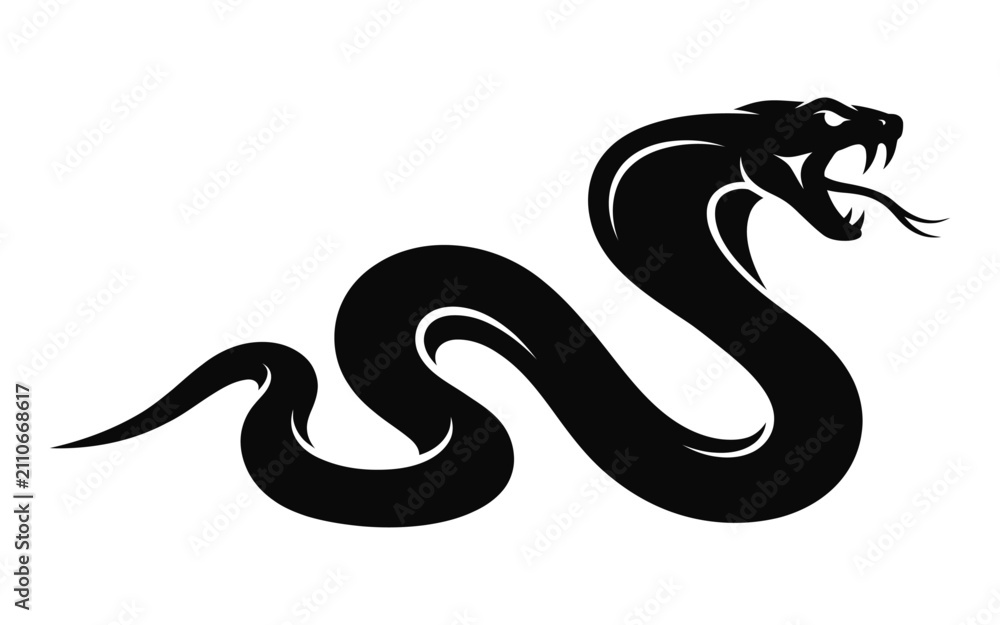 Fototapeta premium Coiled cobra snake illustration in black and white silhouette