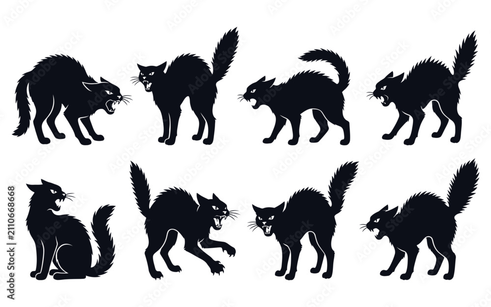 Obraz premium Collection of black cat silhouettes in various poses halloween themed illustration silhouette