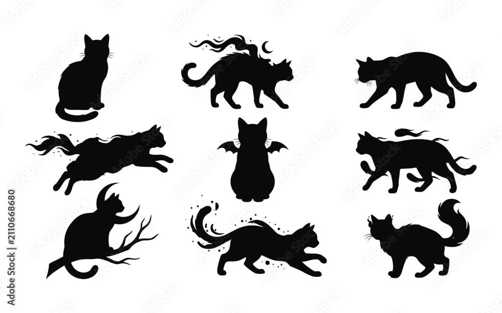 Obraz premium Collection of black cat silhouettes with halloween elements on a white background silhouette