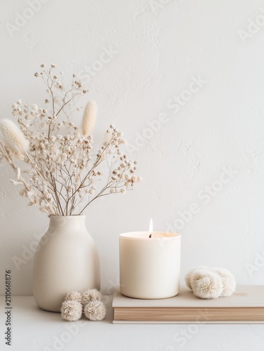 Minimalist candle with dried flowers in neutral Scandinavian decor