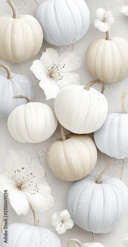 Neutral autumn background with white pumpkins and dried flowers